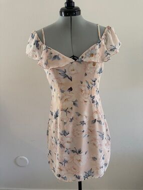 Blush Pink Floral Mini Dress Ruffle Off Shoulder Slip Dress Spring Summer M NWT